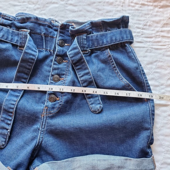 Women's High Waisted size M paperbag elastic with tie waist Denim jeans Shorts - Picture 10 of 11